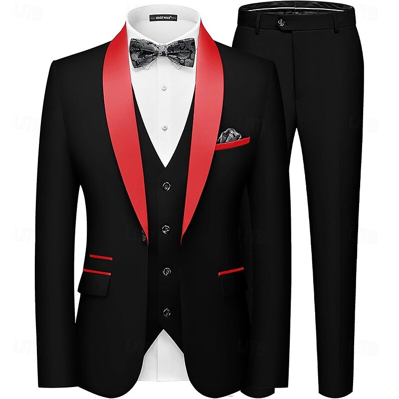 Men's Wedding Party Tuxedos Shawl Lapel Red Fashion Formal Solid Colored Standard Fit 3 Piece Single Breasted One-button2
