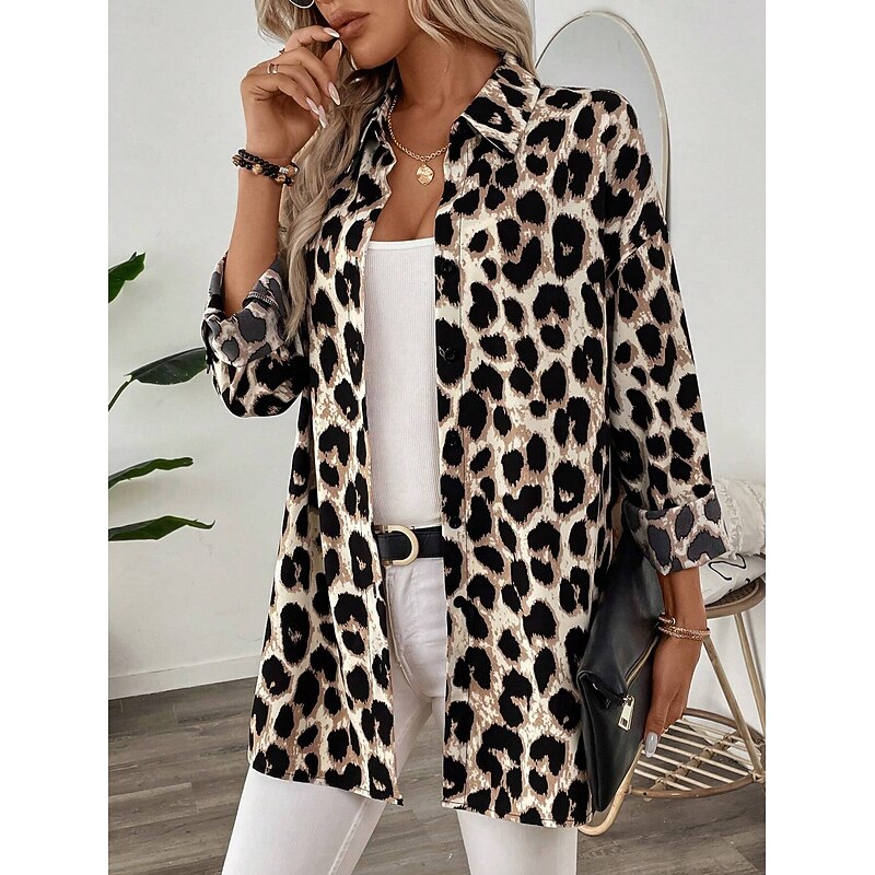 Women's Shirt Button Down Tunic Shirt Collar Long Sleeve Graphic Leopard Vintage Daily Stylish Regular Tops Daily Holiday s Print Brown Spring3