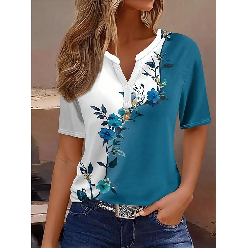 Women's T Shirt Ombre Floral Graphic Vintage Stylish Classic Short Sleeve Notched Neck Regular Tops Daily Weekend Print White Blue Green Summer Spring2