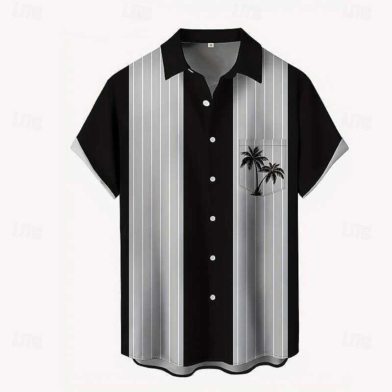 Men's Coconut Tree Striped Shirt Summer Hawaiian Shirt Button Up Shirt Short Sleeve Hawaiian Holiday Beach Wear Summer Spring Turndown 3D Print Collared Shirts Front One Pocket Yellow Blue Dark Blue2