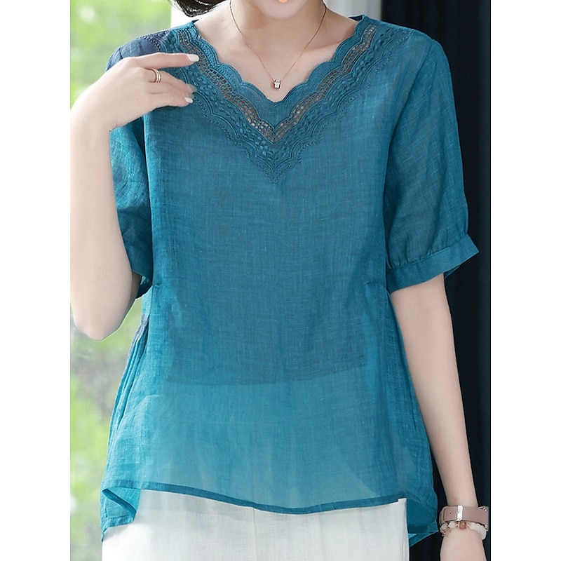 Women's Cotton Linen Shirts Solid Color Elegant Stylish Basic Short Sleeve V Neck Regular Tops Daily Embroidered Blue Summer Spring2