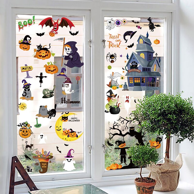 9 Sheets Halloween Window Cling Sticker Decals Decorations Double Side, Grim Reaper Witch Bat Spider Web Silhouette Static Stickers for Glass Window Wall Party Decor2