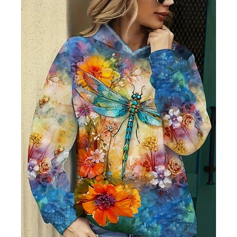 Women's Hoodie Pullover Sweatshirt Oversized Long Sleeve Casual Graphic Floral Animal Butterfly Vintage Retro Hooded Regular Tops Street Dailywear Print Pink Blue Spring Fall Winter3