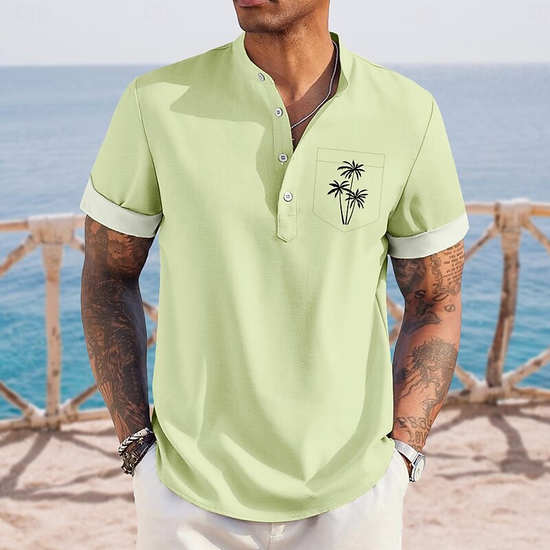Men's Coconut Tree Tropical Plants Hawaiian Shirt Henley Shirt Stand Collar Shirt Short Sleeve Hawaiian Vacation Casual Summer Spring Mandarin Collar Band Collar Buttons Front One Pocket Linen Like4