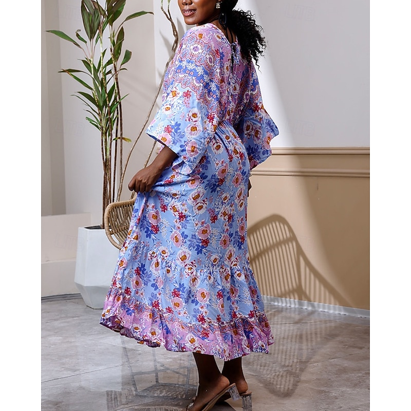 Women's Long Dress Maxi Dress Casual Dress Swing Dress Boho Dress Western Dress Elegant Fashion Romantic Outdoor Vacation Party Regular Fit Flower Long Sleeve V Neck Blue Spring Fall4