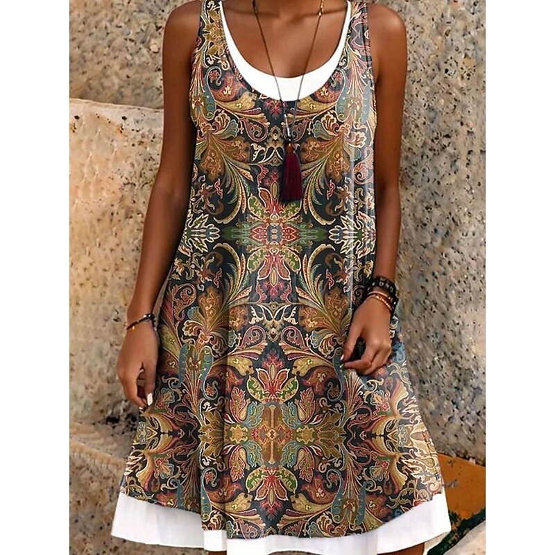 Women's Mini Dress T Shirt Dress Tee Dress Sundress A Line Dress Vacation Casual Boho Daily Loose Fit Floral Graphic Paisley Sleeveless U Neck Orange Green Summer Spring2