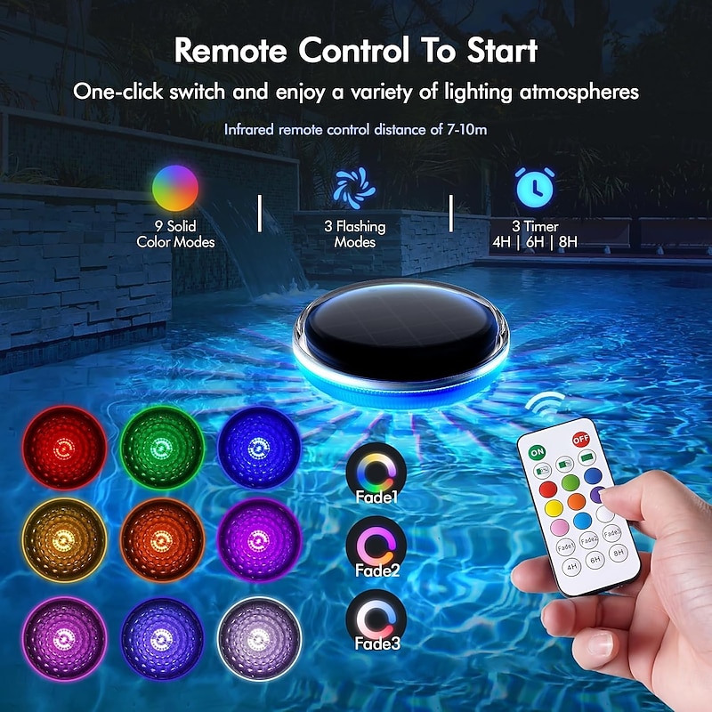Solar Rechargeable Floating Pool Lights That Float with Remote Control 9 Lighting Timing Mode Waterproof for Inground Pool Bathroom Bathtub Pool Party2