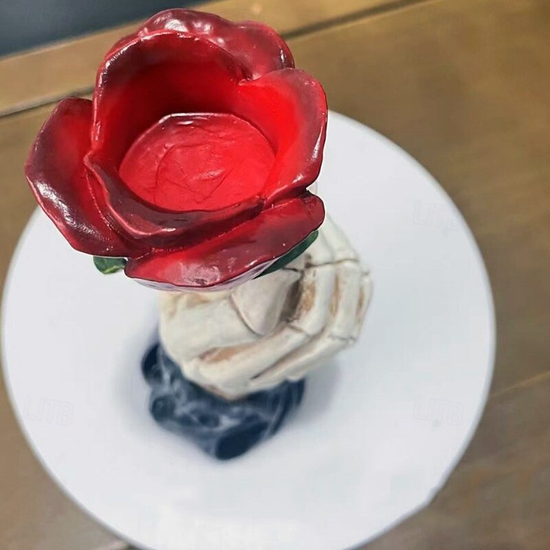 Halloween Atmosphere Gift Resin Candle Holder with Finger Rose and Skull Decor, Spooky Home Decoration Prop Figurine2