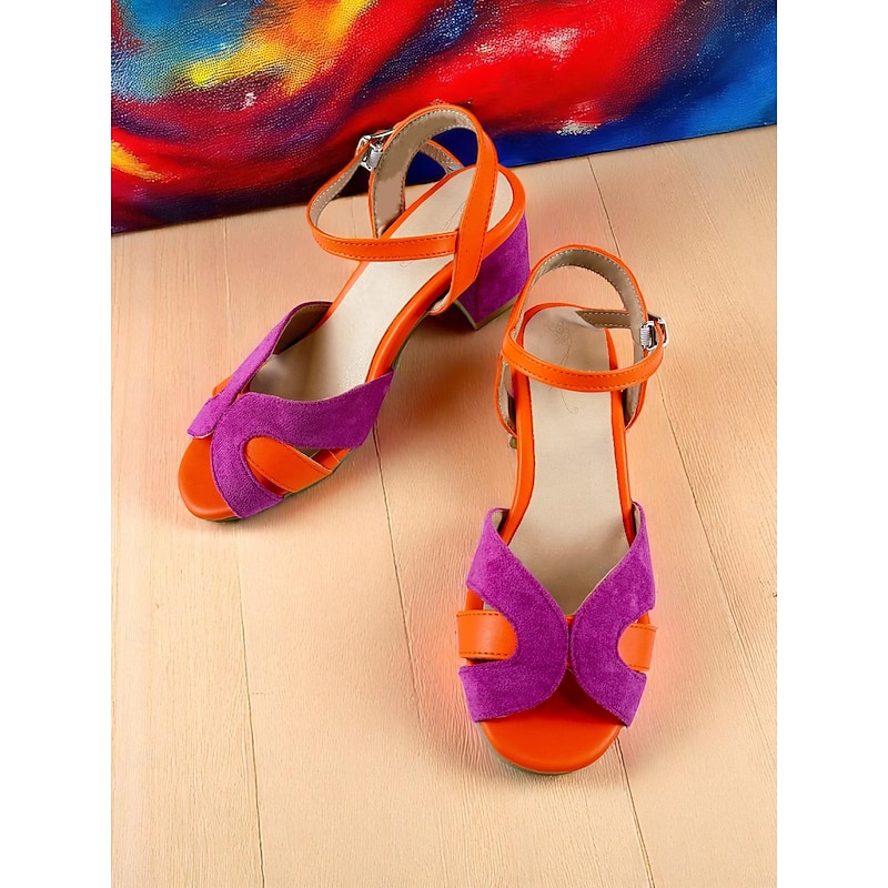 Women's Colorblock Chunky Heel Sandals - Vibrant Suede and Faux Leather Open Toe Shoes for Casual Dates and Summer Outfits3