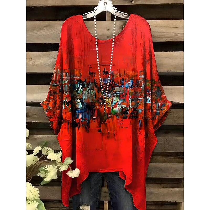 Women's Blouse Graphic Leopard Geometric Elegant Vintage Daily Short Sleeve Batwing Sleeve Crew Neck Regular Tops Daily Holiday Vacation Wear Red Blue Orange Khaki Summer Spring3