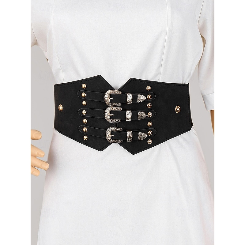 Women's Wide Elastic Waist Belt with Triple Vintage Buckles – Faux Leather Gothic Corset Cincher for Dresses and Costumes3