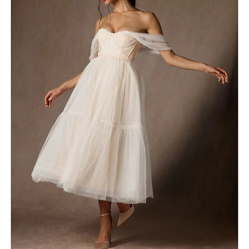 Engagement Little White Dresses Wedding Dresses A-Line Sweetheart Strapless Tea Length Satin Bridal Gowns With Sash / Ribbon Pleats4