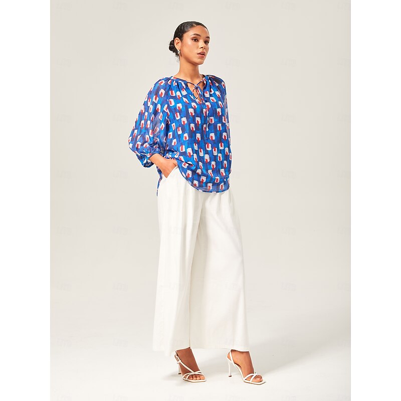 Geometric Chiffon Lantern Sleeve Top3