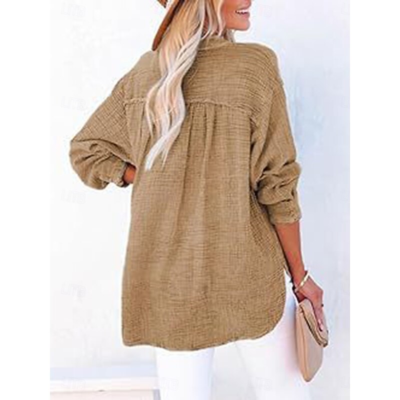 Women's Blouse Solid Color Plain Basic Casual Long Sleeve High Neck Regular Tops Daily Pocket Buttons Black Yellow Wine Green Summer3