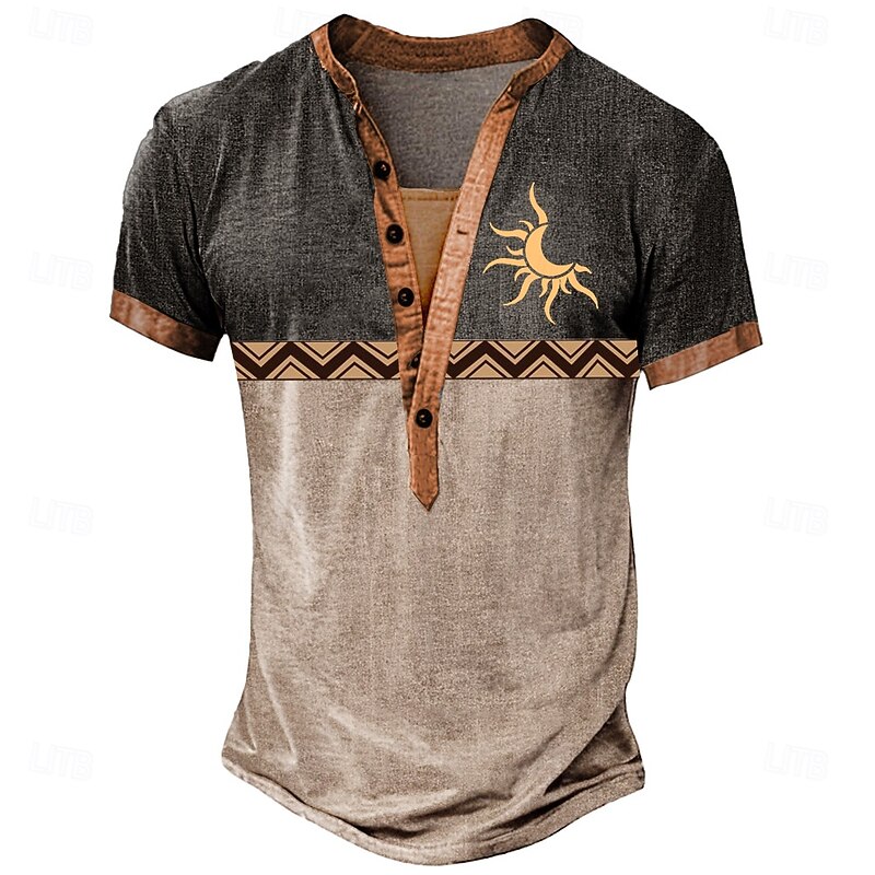 Men's Tribal T Shirt Henley Shirt Tee Short Sleeve Designer Basic Classic Outdoor Casual Daily Summer Gray Navy Blue Brown Henley Henley T-Shirt2