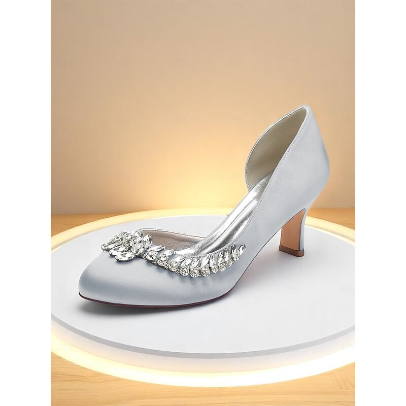 Women's Silver Round Toe Kitten Heels - Satin Low Heel Dress Shoes with Crystal Embellishment for Cocktail Parties and Formal Evenings3