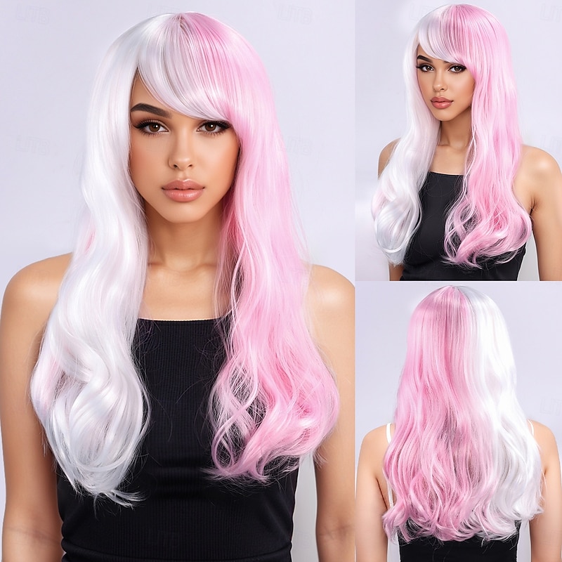 Synthetic Wig Wavy Bouncy Curl Layered Haircut With Bangs Machine Made Wig 20 inch A1 Synthetic Hair Women's Classic Adorable Comfortable Pink