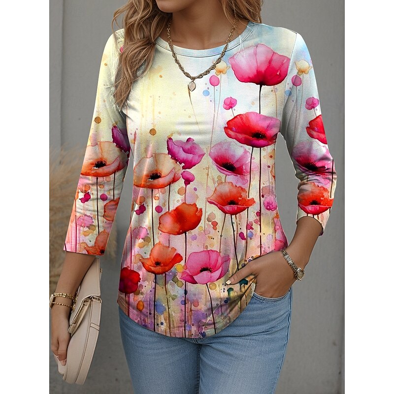 Women's T Shirt Graphic Scenery Fashion Modern Casual Long Sleeve Crew Neck Round Neck Regular Tops Daily Weekend Print Pink Red Blue Orange Spring Fall Winter4