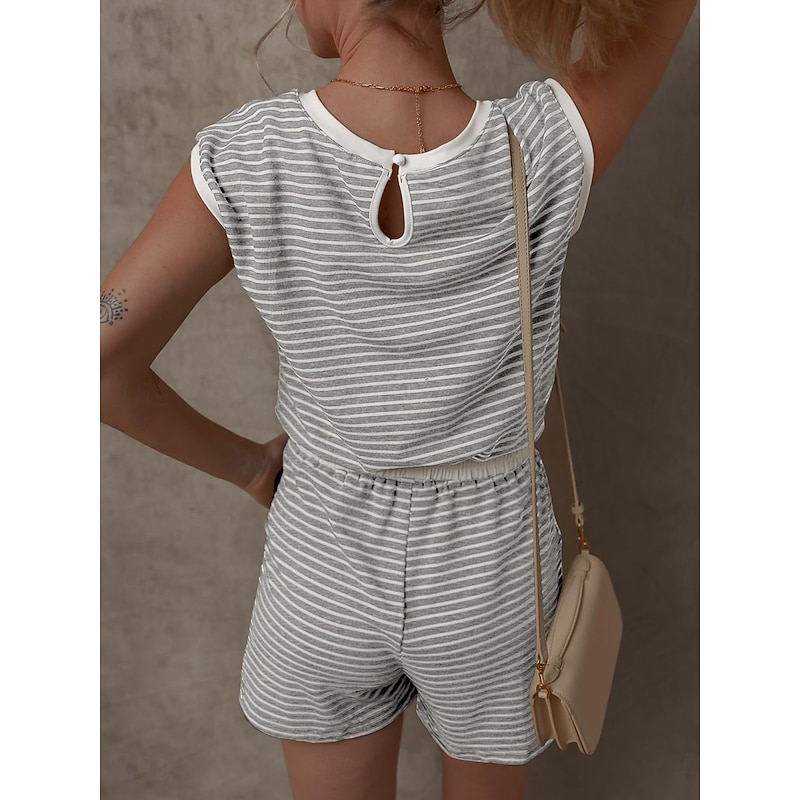 Women's Normal Romper Active Striped Short Sleeve Round Neck Pocket Drawstring Vacation Daily Regular Fit Black White Pink Summer2