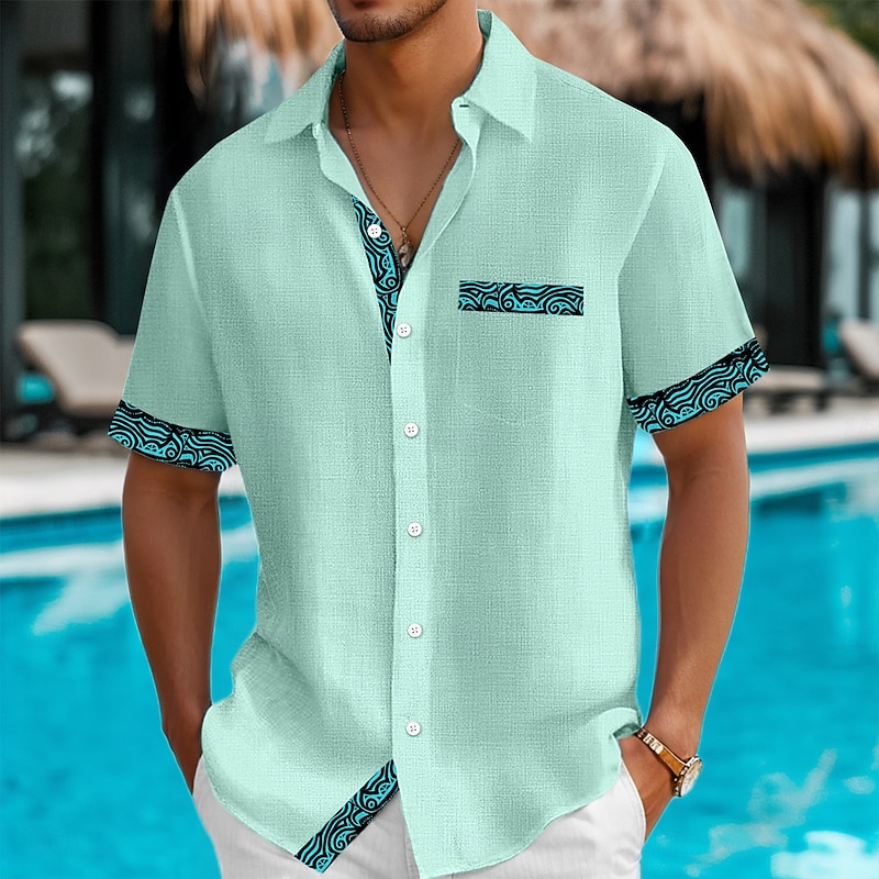 Men's Shirt Linen Shirt Summer Shirt Beach Shirt Button Up Shirt Tribal Casual Holiday Black White Sky Blue Green Short Sleeve Turndown Summer Clothing Apparel Front Pocket