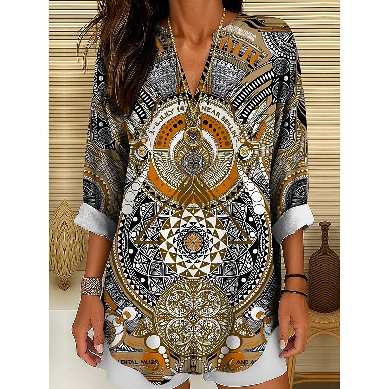 Women's Blouse Tunic V Neck Long Sleeve Boho Casual Tops Graphic Geometric Bohemia Basic Long Tops Daily Buttons Print Yellow Red Blue Purple Green Spring, Fall, Winter, Summer