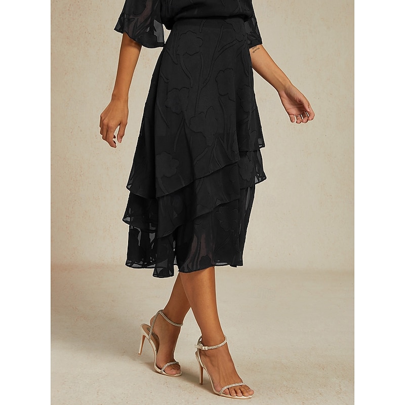 Women's Skirt Elegant Midi Mid Waist Skirts Floral Layered Inelastic Party Causal Black Summer Chiffon3