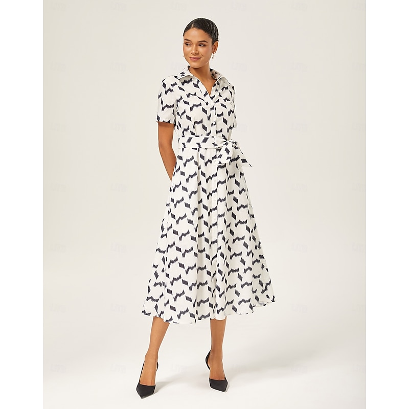 Monochrome Geometric Faux-Linen Dress