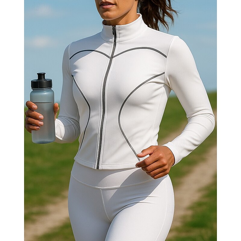 Women's Running Jacket Outdoor Jacket Full Zip Slim Long Sleeve Outerwear Athletic Solid Colored Quick Dry Lightweight Elastic Breathable Tennis Golf Running Sportswear Activewear Black White Red3