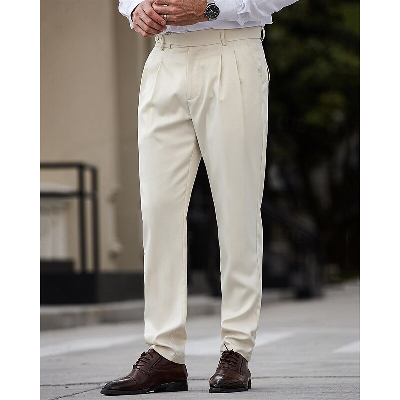 Men's Dress Pants Trousers Chinos Slacks Buttons Pocket Pleats Plaid Comfort Formal Party Work Fashion Classic Style Apricot Micro-elastic2