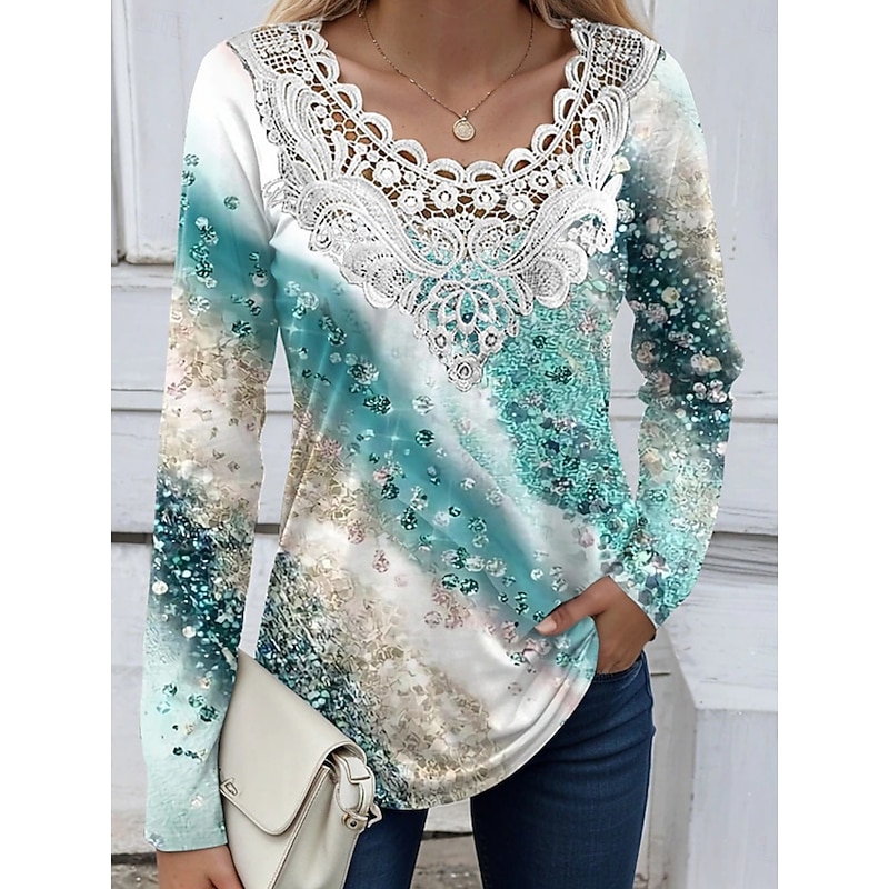 Women's Lace Splicing Top Floral Stylish Ethnic Casual Long Sleeve V Neck Regular Tops Daily Lace Patchwork Print Black Yellow Pink Blue Summer Spring2