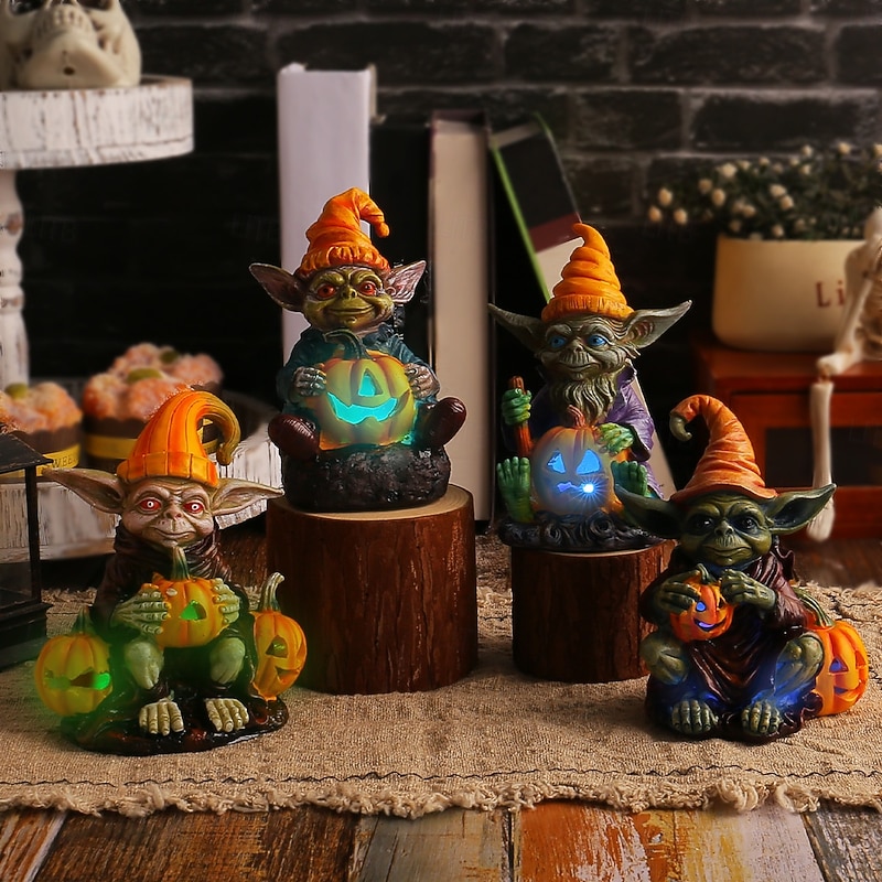 Halloween Goblin Resin Figurine Holding Pumpkin with Lights, Glowing Elf Resin Craft Ornament, Home Tabletop Decor