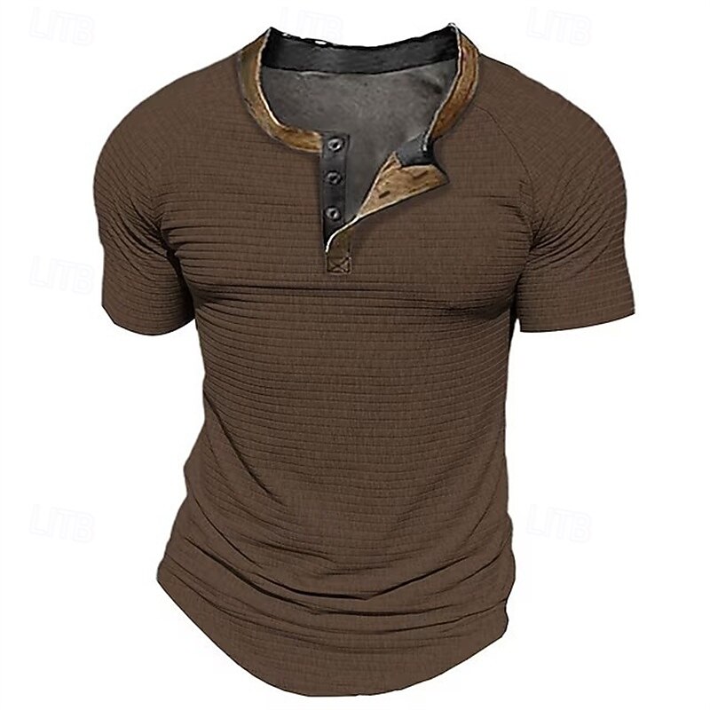 Men's T Shirt Waffle Henley Shirt Henley Shirt Tee Short Sleeve Henley Summer Solid Color Fashion Designer Basic Buttons Vacation Street Going out Black Navy Blue Beige Top Tee for Men4