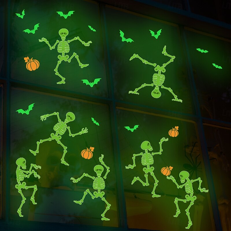 Halloween Decal Stickers Glow in The Dark Decoration, Luminous Skull, Bat, and Pumpkin Wall Stickers for Glass, Creative Living Room Halloween Decor, Self-Adhesive