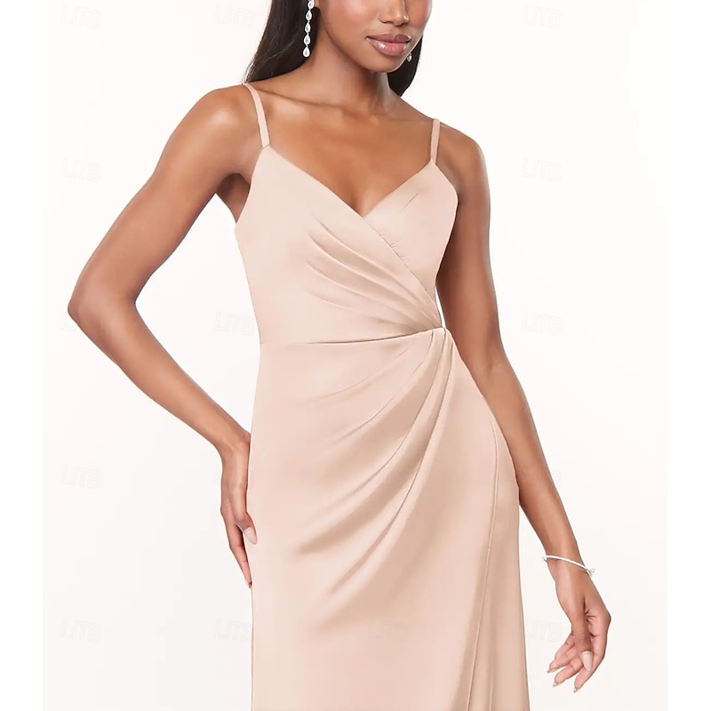 A-Line Bridesmaid Dress V Neck / Spaghetti Strap Sleeveless Elegant Floor Length Charmeuse with Split Front / Ruching4
