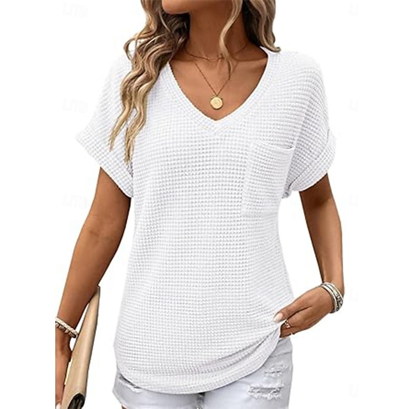 Women's Blouse Solid Color Stylish Casual Short Sleeve V Neck Regular Tops Daily Pocket Black White Pink Green Summer3