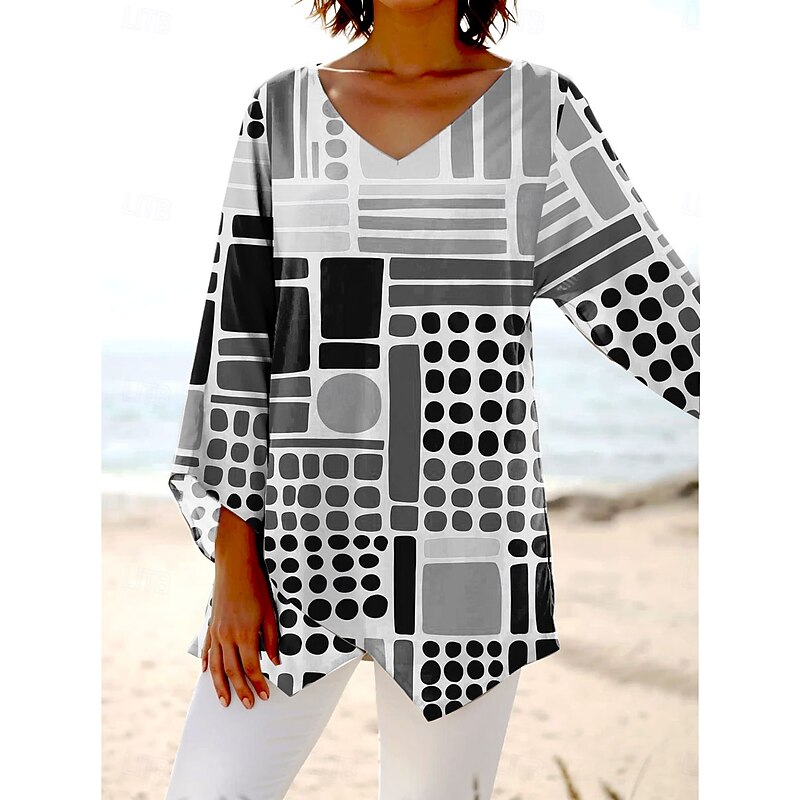 Women's Blouse Long Sleeve Asymmetrical Hem Graphic Geometric Hawaiian Stylish Casual V Neck Regular Tops Daily Holiday Going out Print Pink Blue Orange Gray Summer Spring Fall3