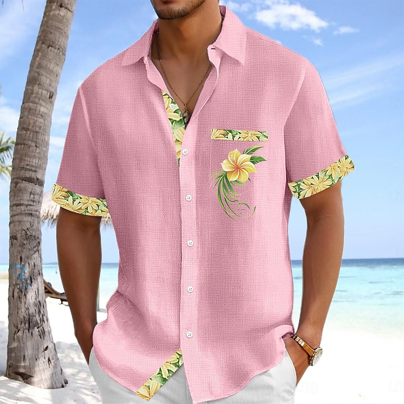 Men's Shirt Linen Shirt Summer Shirt Beach Shirt Button Up Shirt Floral Casual Holiday Light Green Pink Sky Blue Green Short Sleeves Turndown Summer Clothing Apparel Front Pocket
