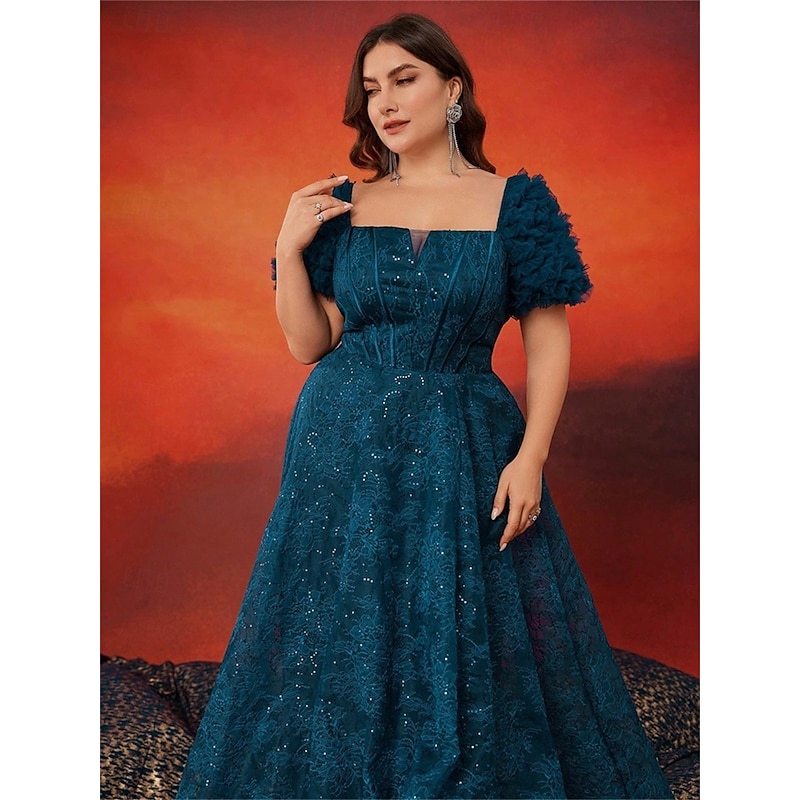 A-Line Plus Size Dresses Elegant Curve Dress Formal Wedding Floor Length Short Sleeve Square Neck Lace with Pleats2