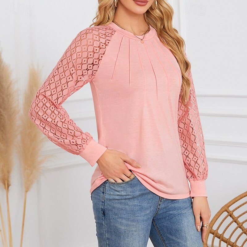 Women's Blouse Plain Casual Long Sleeve Crew Neck Regular Tops Daily Holiday Going out Lace Patchwork Pink Wine Navy Blue Green Summer3