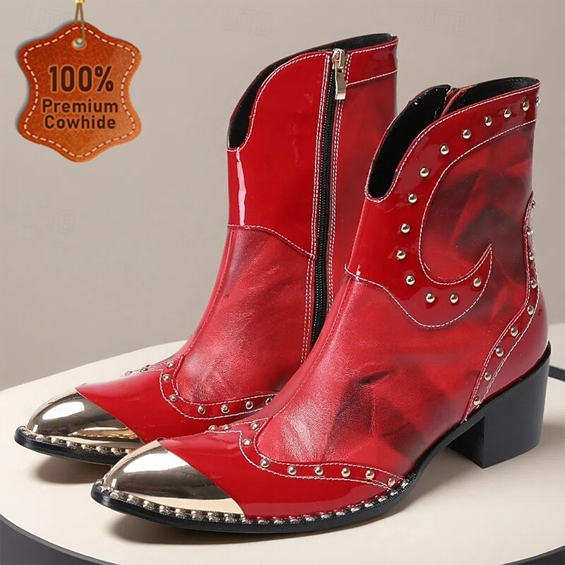Men's Red Western Chelsea Boots – Genuine Cowhide Leather Ankle Boots with Studded Trim Side Zipper and Metallic Toe Cap for Dance Events Evening Receptions and Formal Theme Parties