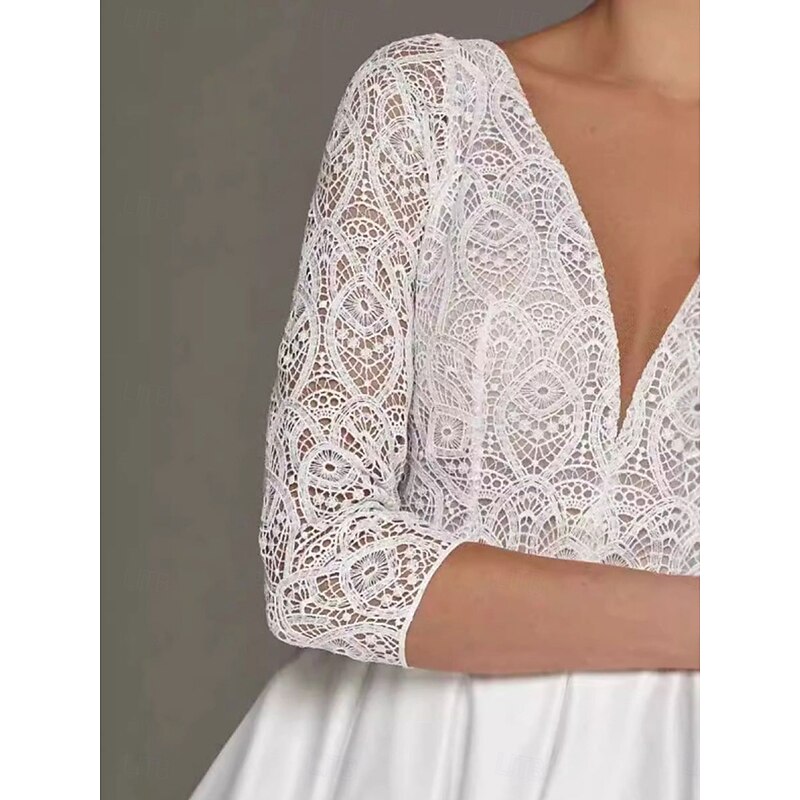 A-Line Mother of the Bride Dress Elegant Simple V Neck Tea Length Polyester 3/4 Length Sleeve with Solid Color2