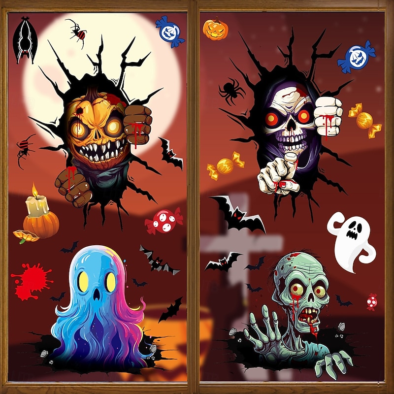 4 Sheets Halloween Window Cling Sticker Decals Decorations Double Side, Grim Reaper Skull Ghost Bat Spider Static Stickers for Halloween Party Supplies and Window Decor