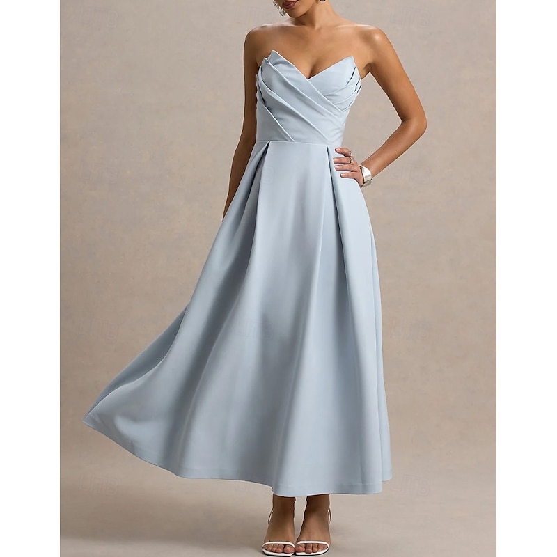 A-Line Cocktail Dresses Elegant Dress Formal Wedding Tea Length Midi Length Sleeveless Sweetheart Stretch Crepe with Pleats Pocket3