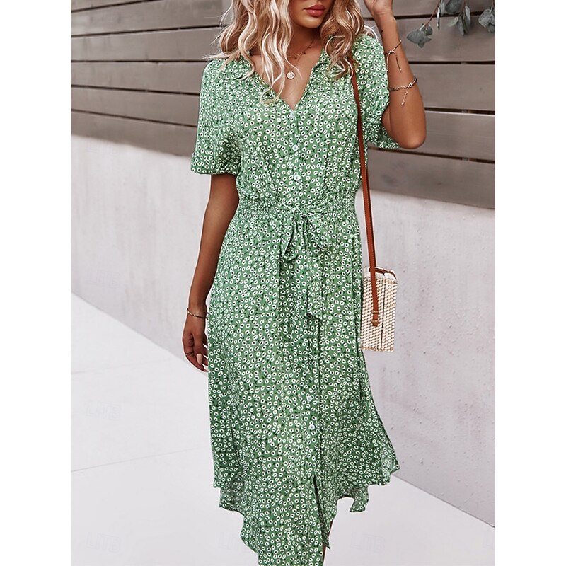 Women's Midi Dress A Line Dress Casual Outdoor Going out Regular Fit Floral Short Sleeve Turndown Black Yellow Red Sky Blue Summer2