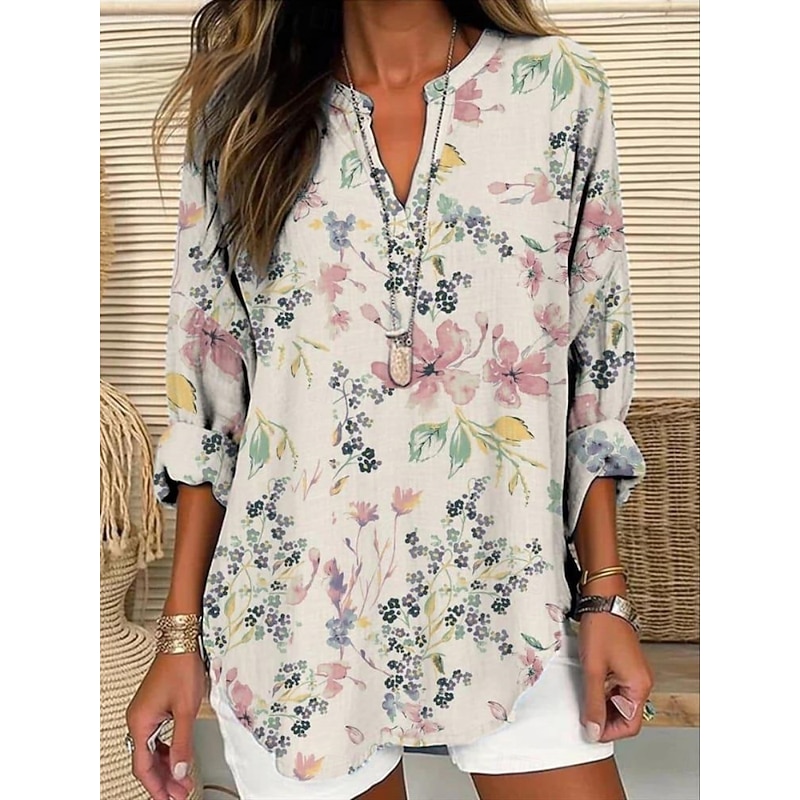 Women's Shirt Floral Stylish Modern Long Sleeve V Neck Regular Tops Daily Holiday Buttons Print Pink Purple Green Beige Summer2