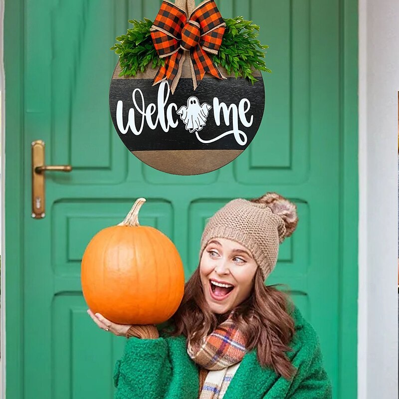 Halloween Wooden Welcome Sign for Front Door Hanging Spooky Ghost, White Ghost Wall Decor Plaque, Rustic Wooden Halloween Door Sign for Home Party Decoration4