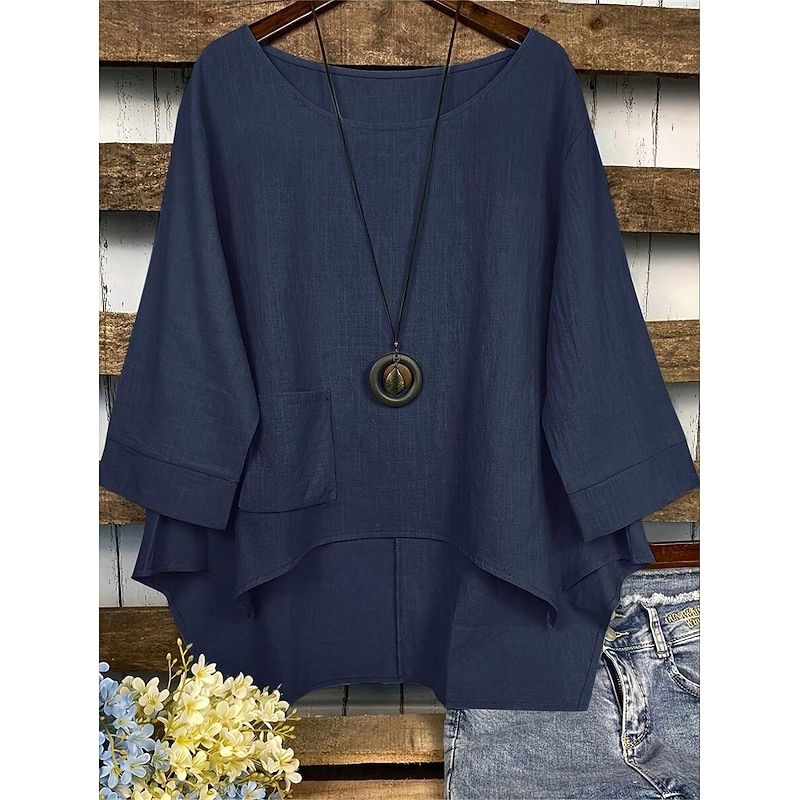 Women's Cotton Linen Blouse Solid Color Elegant Casual 3/4 Length Sleeve Crew Neck Boat Neck Regular Tops Daily Holiday Black White Navy Blue Green Summer Fall4