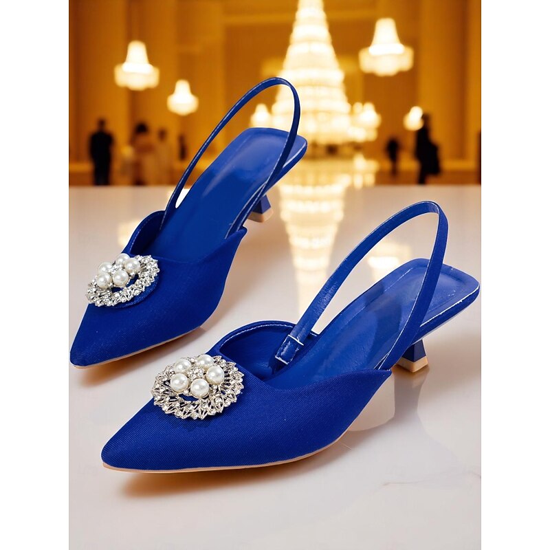 Women's Blue Satin Slingback Pumps with Pearl and Rhinestone Embellishment, Pointed Toe Kitten Heels for Upscale Parties and Cocktail Events3