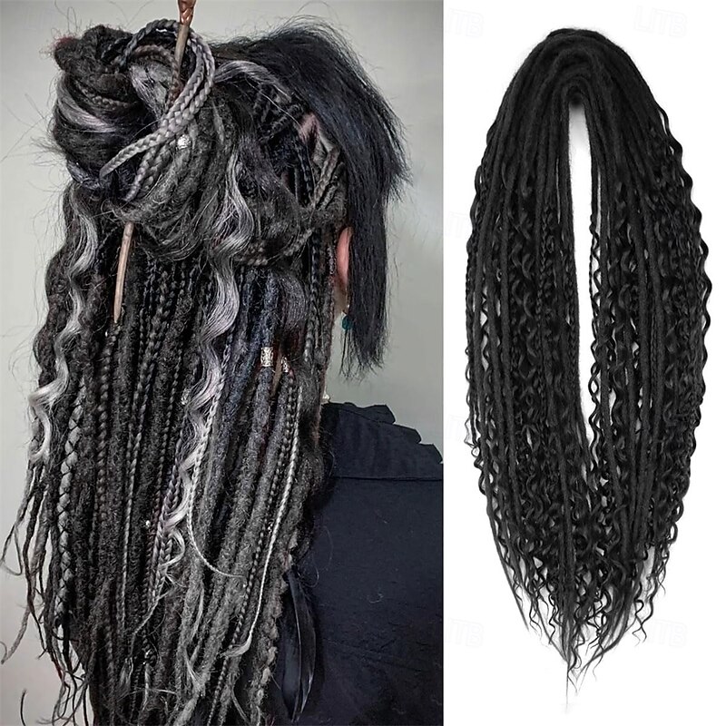 24 Inch 3 In 1 Dreadlock Extensions Sets 30 Strands Mixed Black Synthetic DE Dreads Extensions 100% Handmade Soft Double Ended Curly Boho Wavy Dreads for Girls