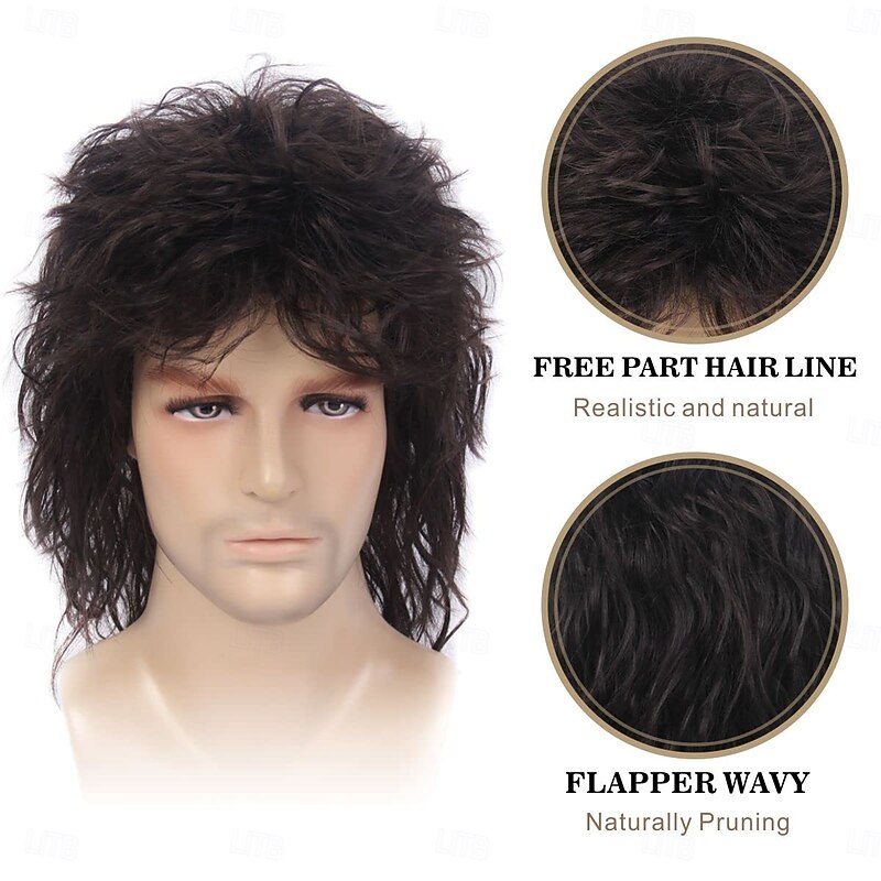 Mullet Wig with Bangs 70s Disco Party Mens Hippie Wigs Brown Long Curly Male Wig Halloween Costumes 80s Rocker Wig2